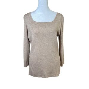 VTG Y2K ios Metallic Stretch Tunic Top Ribbed Tan 3/4 Sleeve Square Neck Sz Med